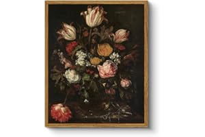 ARPEOTCY Vintage Framed Floral Wall Art Decor, Bathroom Dark Flower Bouquet Retro Wall Decor, Canvas Prints Art, Bedroom Roses and Tulips Paintings Farmhouse Moody Wall Decor, 9x11 Inch