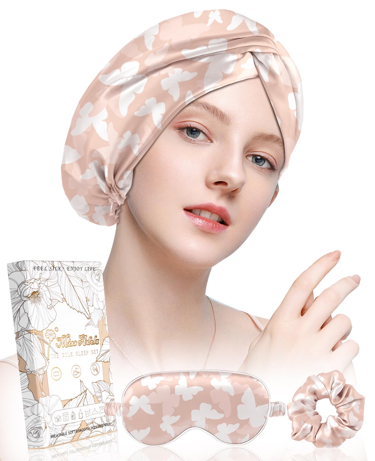 Miss Adola Silk Bonnet for Sleeping Women - Mulberry Hair Bonnet for Curly Hair 19 Momme Sleep Cap with Scrunchie & Eye Mask Night Cap with Elastic Stay On Head, Butterfly