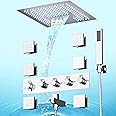 Thermostatic Shower System, 16” Ceiling LED Rain Shower System with Body Jets, Luxury Smart Rainfall Full Body Shower System with Rain Shower and Handheld Can Work Together At Once