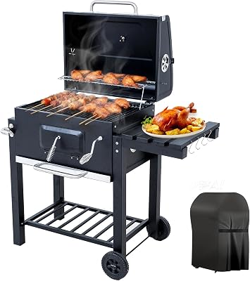 Holzkohlegrill, Grill mit Deckel, Grillfläche: 56×42.5 cm, Höhenverstellbare Kohlenwanne, Faltbarer Seitentisch, Mit Grillabdeckungen Wasserfest