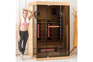 BNEHS Infrared Sauna, 1-2 Person Home Sauna with 10 Minutes Warm-up Heater Tube& Carbon Panels, Personal Sauna for Home with Door Handle to Hold Cell Phones and IPad, Panoramic Tempered Glass
