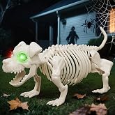 Halloween Decoration Skeleton Dog, Glowing Eyes Dog Skeletons Poseable Head | Tail Jeowoqao Realistic Skeletones Puppy for Halloween's Porch Indoor Outdoor Yard Haunted House Decor