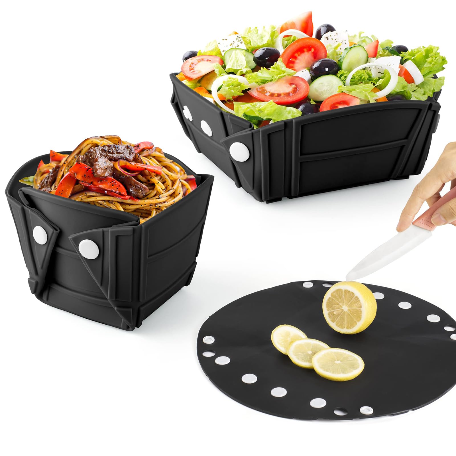 RoseFlower Collapsible Bowl, Portable Reusable Customizable Shapes Silicone Collapsible Bowls for Camping, Foldable into a Bowl, Plate, or Cup, Camping Essentials, RVs (Black)