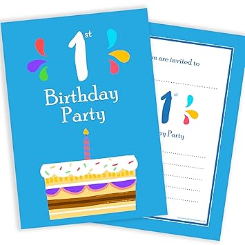 1st Birthday Party Invitations 1 Candle Blue Cake Design A6
