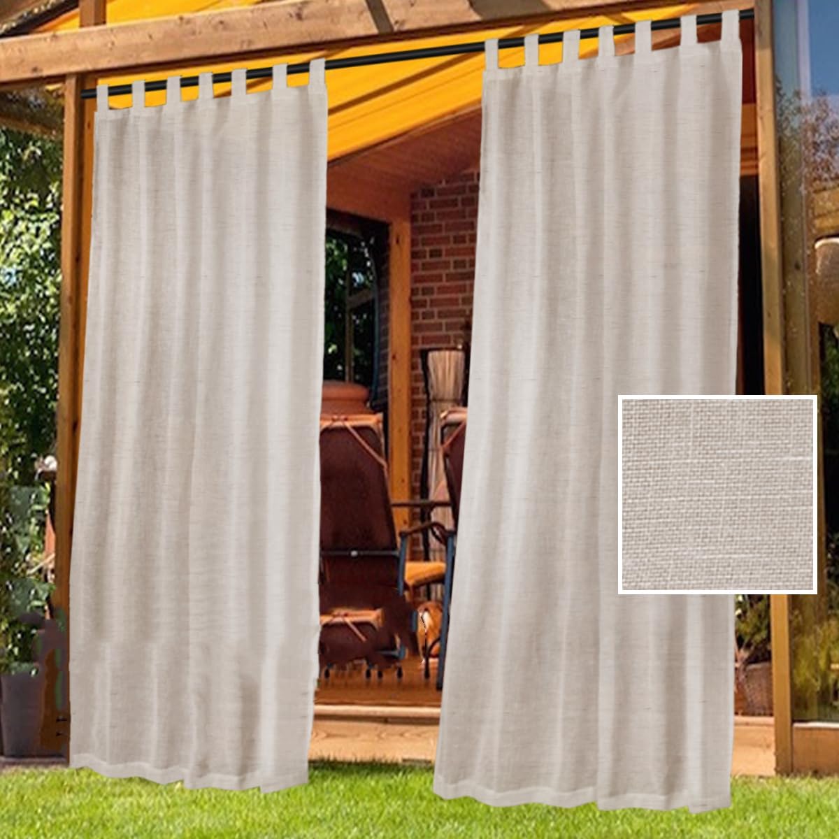Outdoor Curtains - GAMUKAI Waterproof Outdoor Curtains for Patio Tab Top Linen Textured 2 Panels Curtain Privacy Assured Outside Curtains for Porch, Pergola, Cabana (Natural, 52''x 108'')