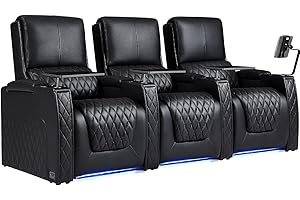 Weilianda Astronaut Zero Gravity Home Theater Seating Top Grain Leather Recliner Sofa Power Headrest Footrest with Carbon Fiber Tray Table, Tablet Stand, Type-C USB Charging, Cup Holder Row of 3 Black