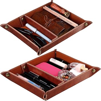 Amazon Com 2 Pieces Valet Tray For Storage Pu Leather Tray Jewelry Nightstand Organizer Tray Box Practical Storage Box For Watch Wallet Coin Change Key Brown Home Improvement