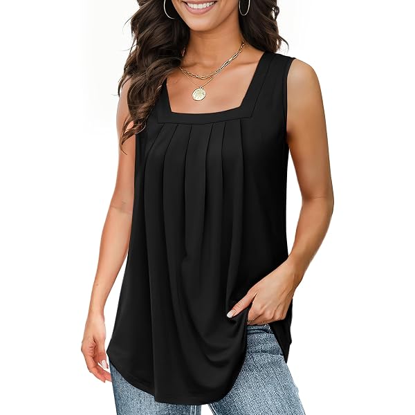 Plus Size Pleated Square Neck Tank Top - Women's Loose Fit Sleeveless Blouse, Summer Casual Top (Black, X-Large)