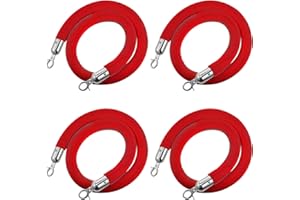 Hrokz 5 Ft Velvet Stanchion Ropes Red, 4 Pack Crowd Control Ropes Safety Queue Barrier Rope with Silver Hook, VIP Rope for Party Events Decor