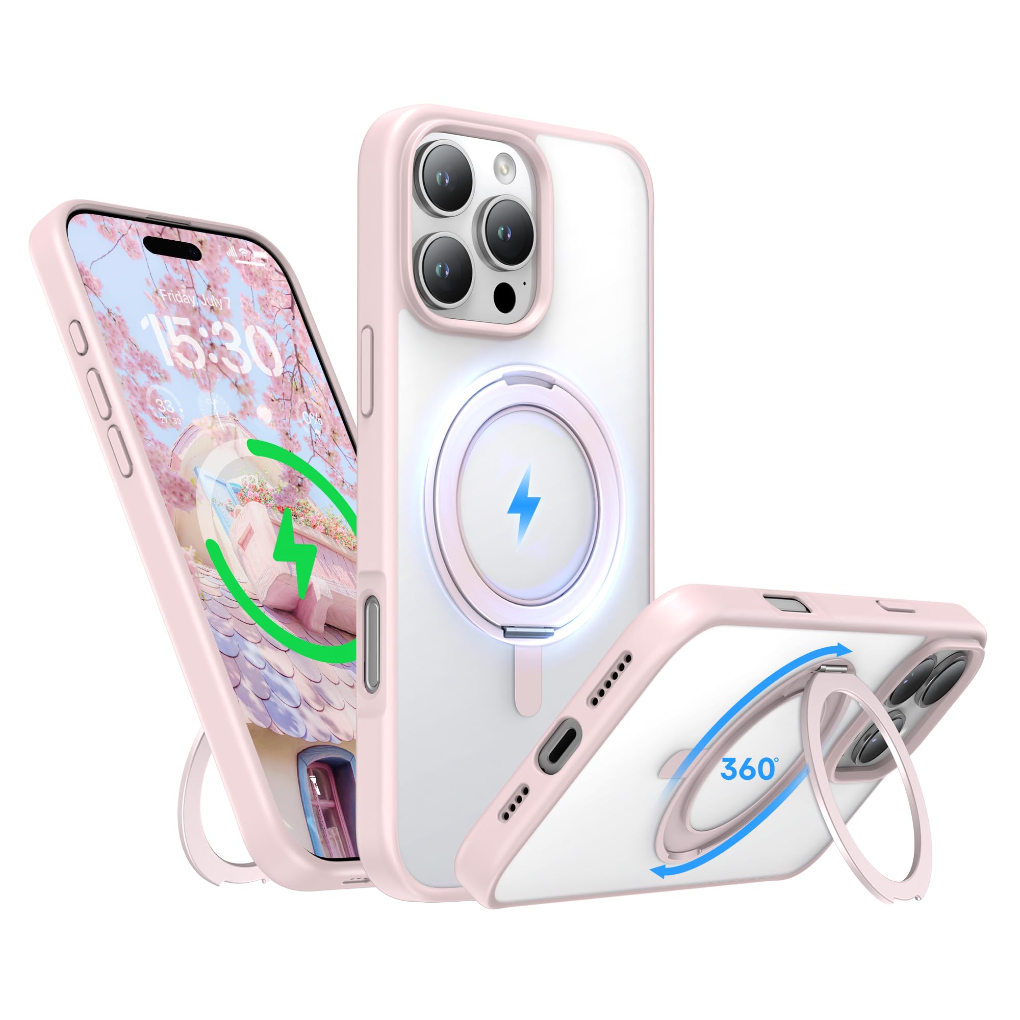 Niunisi Stand for iPhone 16 Pro Max Case, [Compatible with Mag Safe] 360° Rotatable Ring Holder Kickstand Military Shockproof Protective Case for iPhone 16 Pro Max 6.9 Inch, Pink