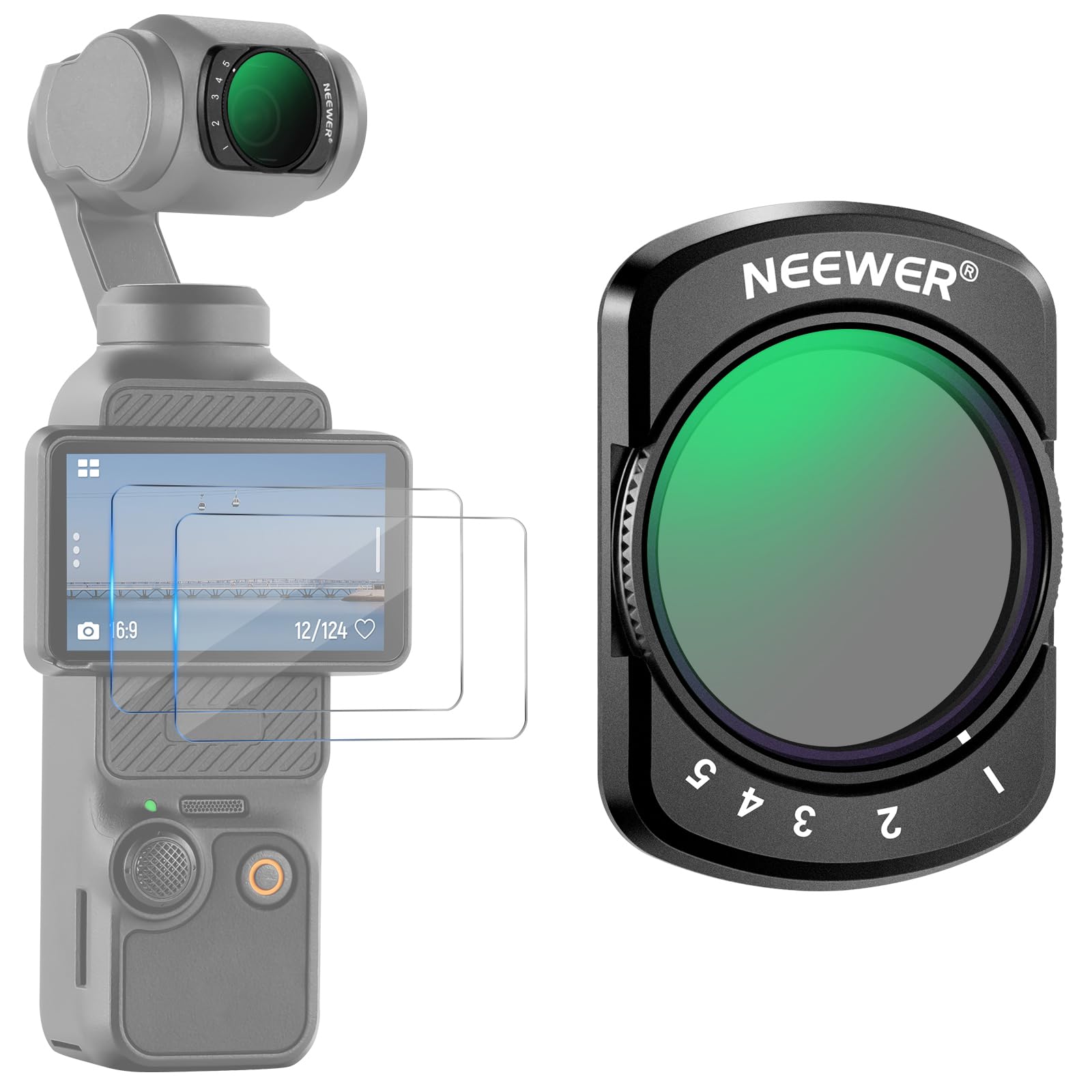 NEEWER Variable ND Filter Compatible with DJI Osmo Pocket 4 & Pocket 3, Magnetic Adjustable Neutral Density ND2-32 1-5 Limited Stops, Action Camera Accessories with 2 LCD Screen Protectors, FL-50