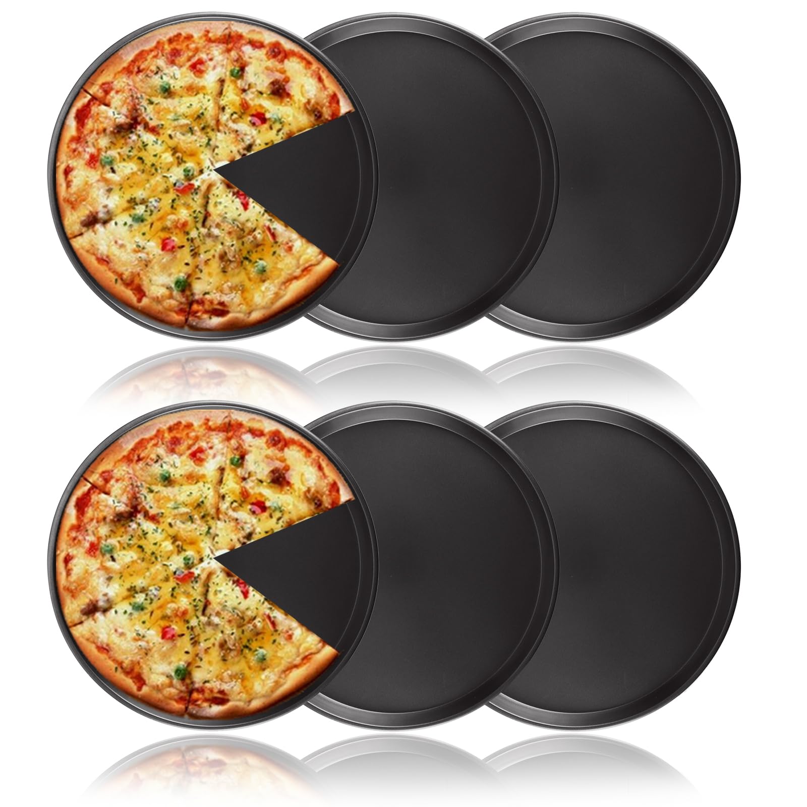 JMIATRY 6 Pcs Baking Tray, 12 Inch Carbon Steel Non-Stick Pizza Pan, Black Round Oven Tray for Home Kitchen, Bakery, Restaurant