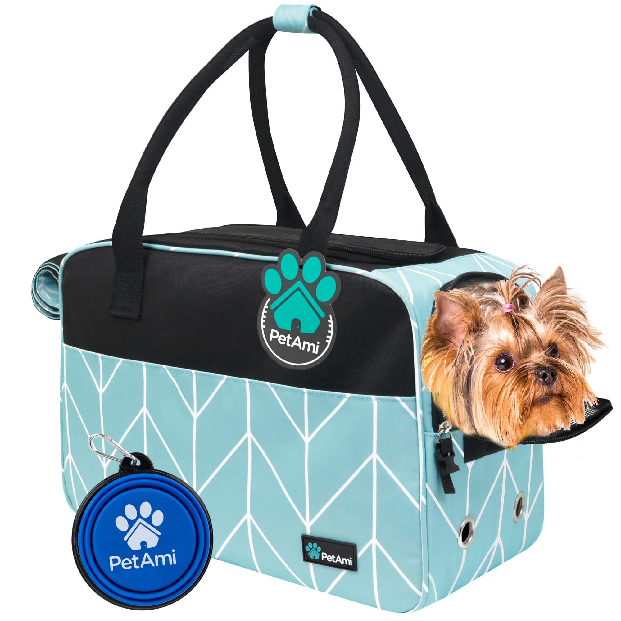 Photo 1 of PetAmi Dog Purse Carrier for Small Dogs, Airline Approved Soft Sided Pet Carrier with Pockets, Ventilated Dog Carrying Bag for Puppy Cat, Dog Travel Supplies Bag, Sherpa Bed, Max 12 lbs, Chevron Teal