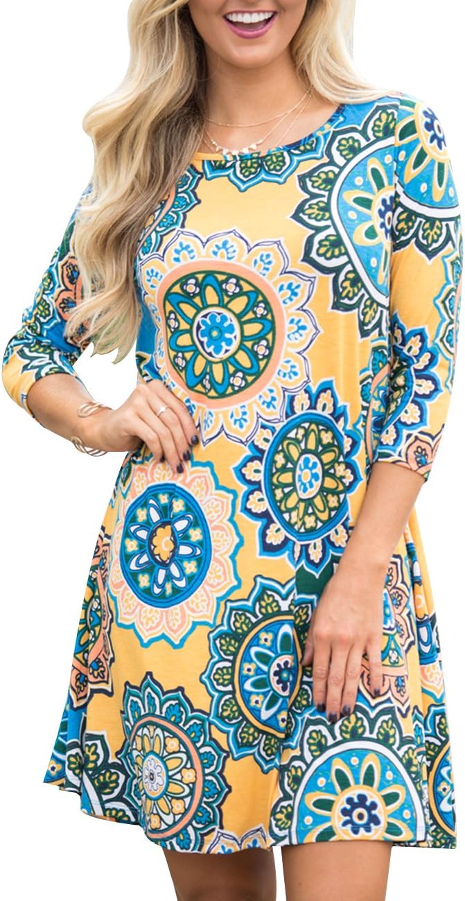 Women's 3/4 Sleeve Damask Floral Printed Tunic Dress Bohemian Swing Casual Midi Dress with Pocket Tunic Blouses for Leggings