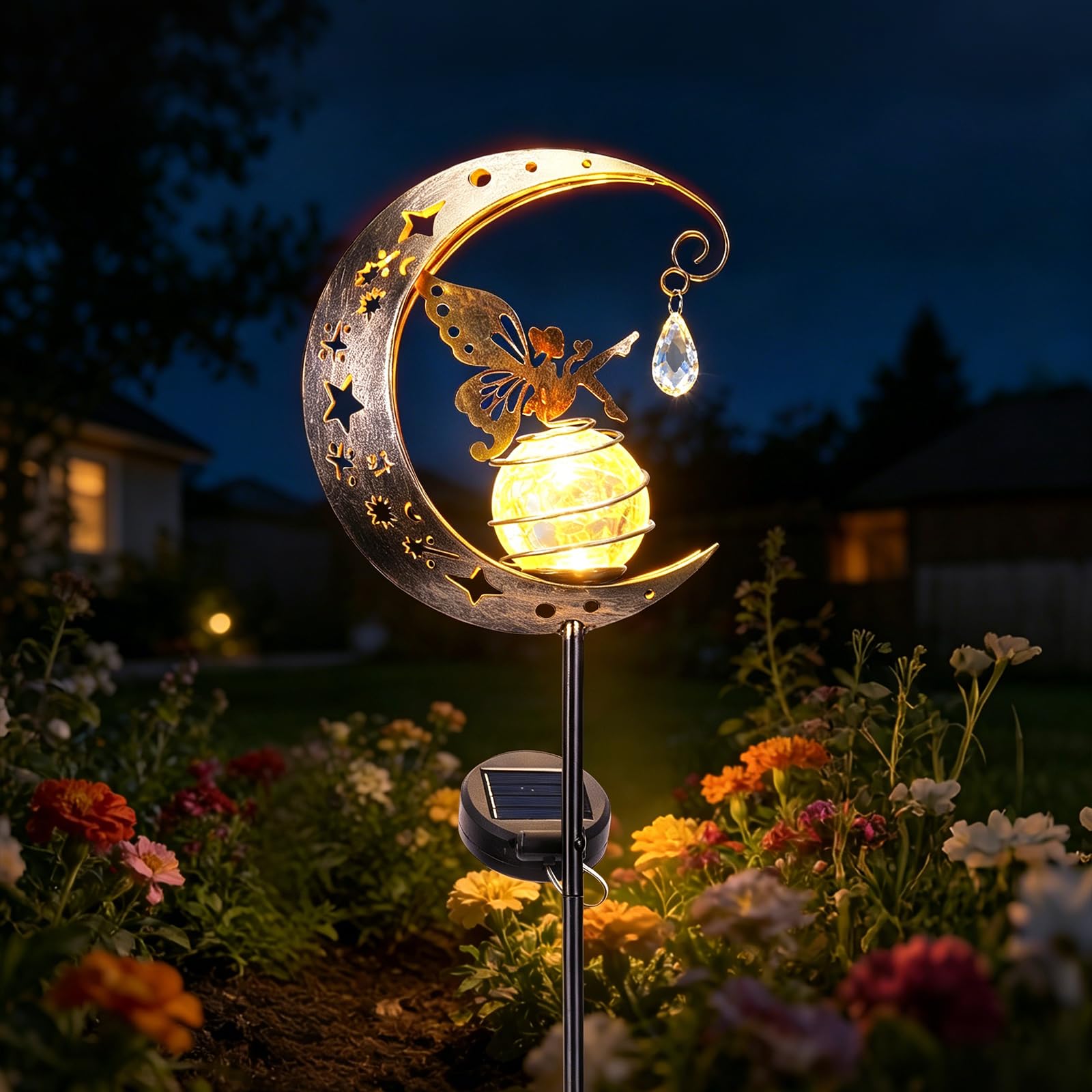 BomKra Solar Garden Ornaments Outdoor Fairy Solar Light Moon Star Crackle Glass Ball Stake Metal Lights Decorative Waterproof Warm White LED for Garden Pathway Lawn Patio Grave (A)