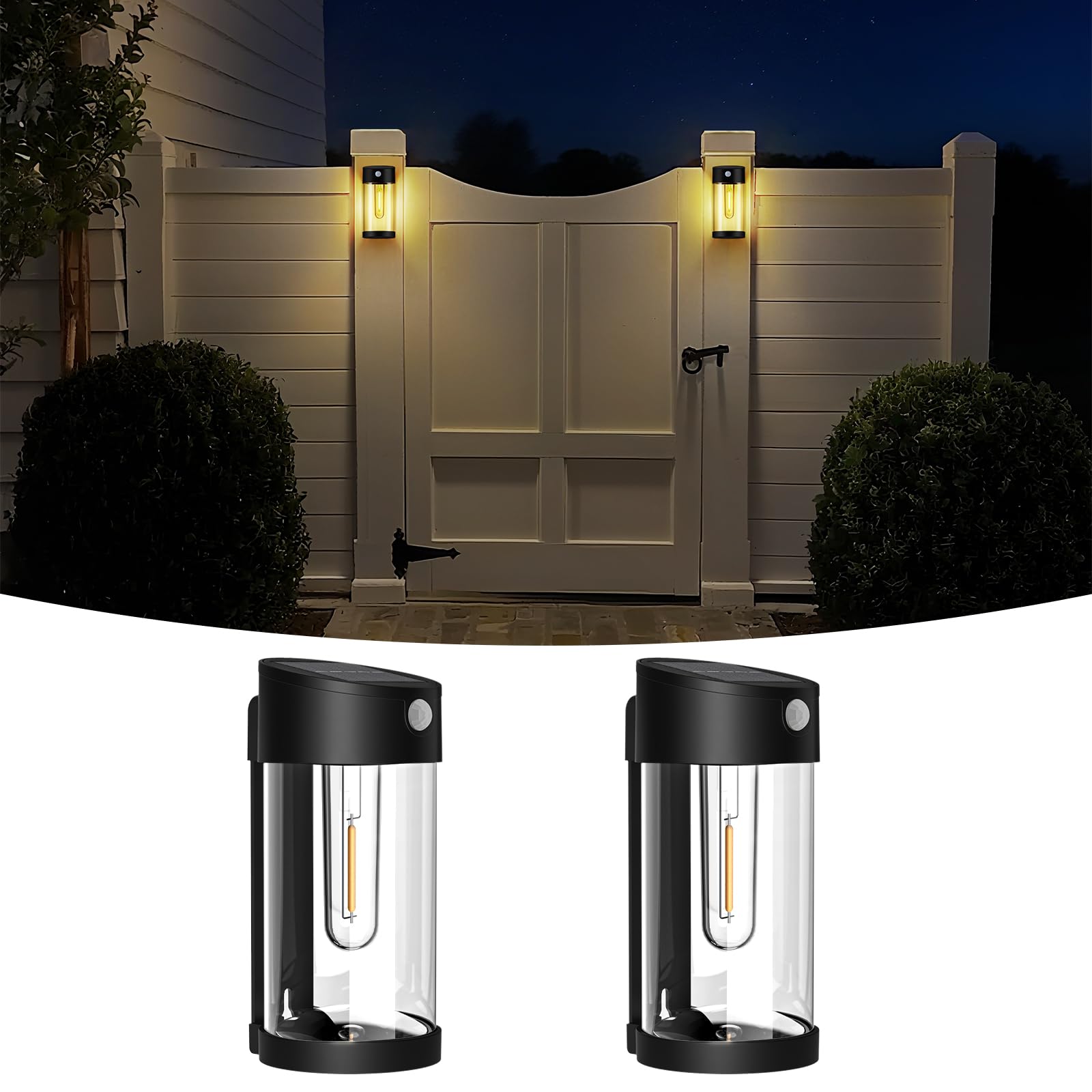 Photo 1 of btfarm Solar Fence Lights Outdoor, Motion Sensor Outdoor Lights Waterproof, Retro Metal Glass LED Deck Lighting Solar Powered for Outside Front Door Garden Shed Patio Backyard Decor, 2 Pack