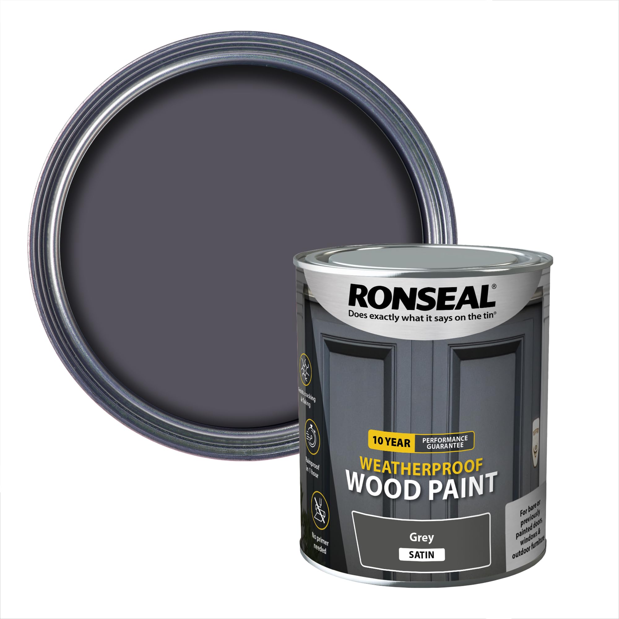 RONSEAL 10 Year Weatherproof 2-in-1 Wood Paint Grey Satin 750ml