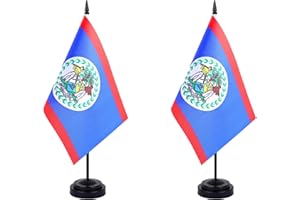 JBSJBS Belize Desk Flag 12" Solid Pole Deluxe Set Belizeans Flags Banner Mini Small Belize Office Table Flags with Black Stand Base Desktop Decorations(2Pack)