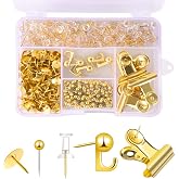 BESARME 310 Pcs Gold Push Pins for Bulletin Boards, 5 Styles for Cork Board | Plastic Heads, Steel Pins, Clips And Hooks Included, For Notes, Photos, Maps And Bulletin Boards, Storage Box Included