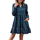 Women's Plaid Print Tunic Dress Long Sleeve V Neck Loose Shirt Dress Ruffle Hem Casual Swing Babydoll Christmas Dress