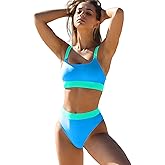 ZINPRETTY Women High Waisted Bikini Sets Color Block Swimsuits 2 Piece Bathing Suits Tummy Control Sporty Teens