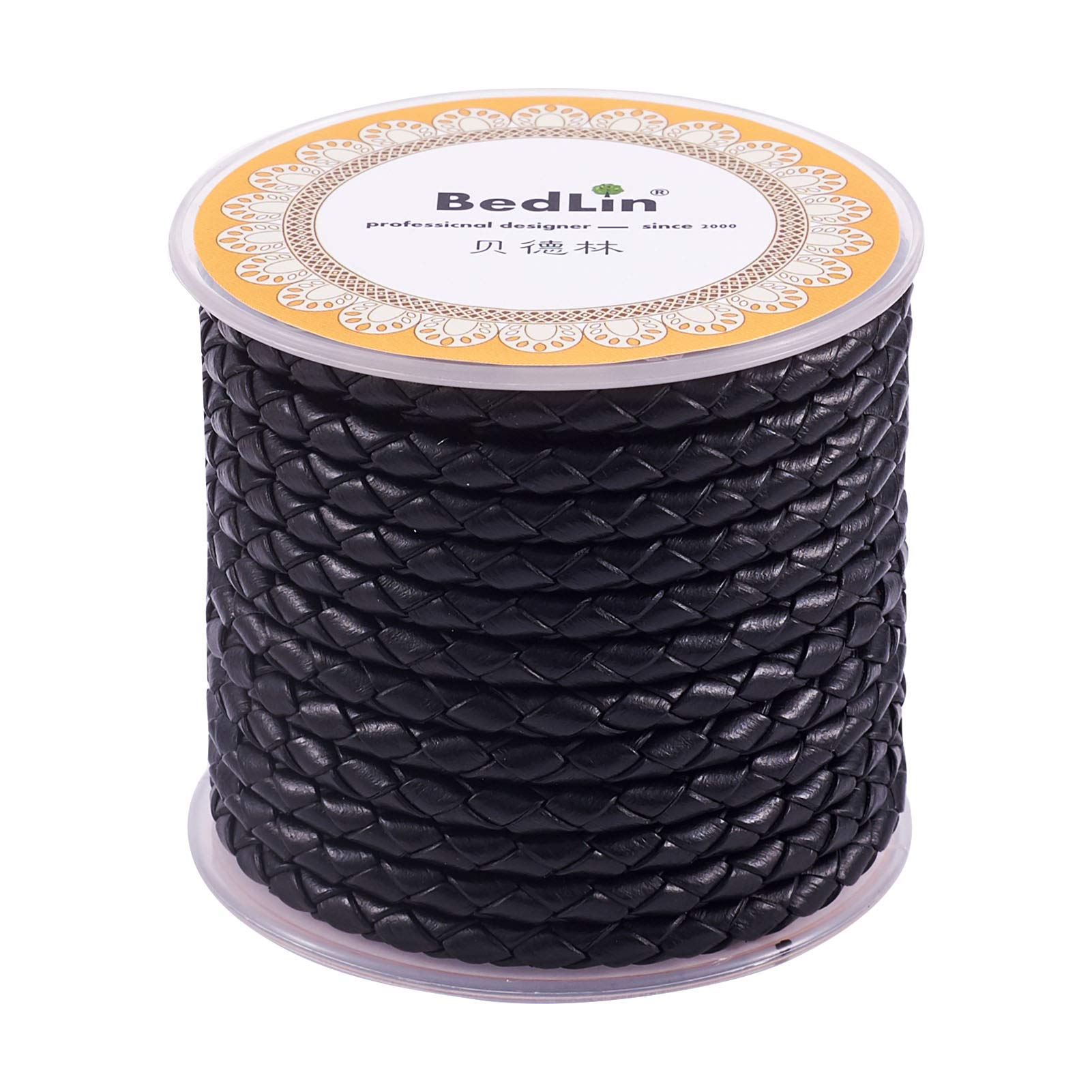 PandaHall 5 Meters 4mm Braided Leather Cord Black Round Leather Cord for DIY Bracelet Necklace Jewelry Making