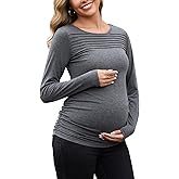 SWEETBUMP Maternity Long Sleeve Tops for Women Pleated Crewneck Pregnancy Shirts Dressy Work Blouses Trendy Basic Tunic