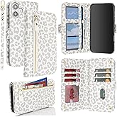 Jaorty Case for iPhone 16 Phone Case with Card Holder for Women,Phone Case Wallet for iPhone 16 with Wrist Strap,PU Leather Zipper Pocket Credit Card Slots Flip Cover,White Leopard