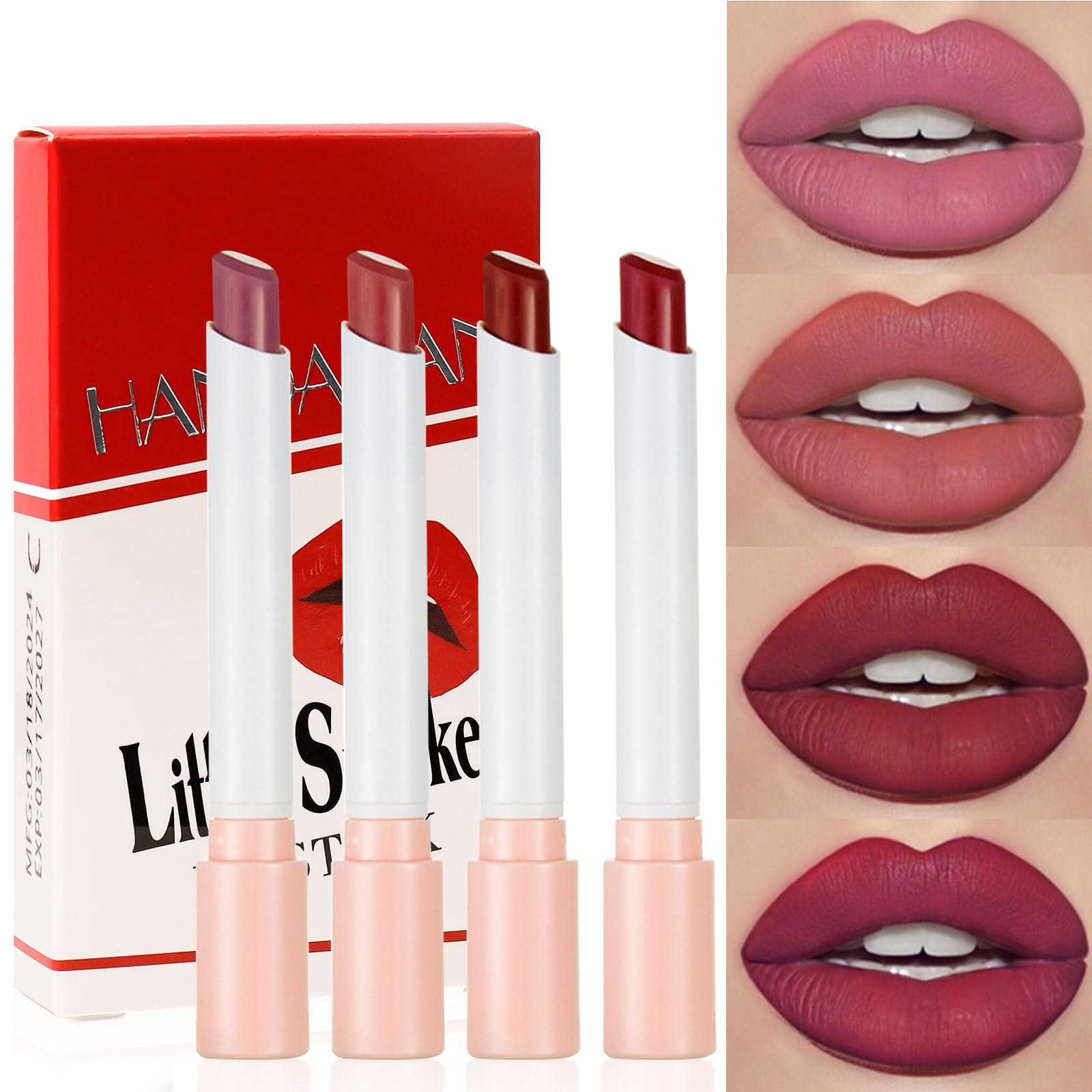 Long Lasting Lipstick Set - 4 PCS Matte Lipstick Sets for Women Long Lasting Plumping Lip Gloss High Pigmented Velvety Waterproof Natural Lipstick Makeup Gifts Set (Set C, 30g)