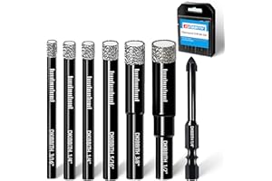 DKIBBITH 7 Pack Dry Diamond Drill Bits & Tile Drill Bits Set for Ceramic, Porcelain, Marble, Granite, Stone, Glass - Round Shank 3/16", 1/4"(x2), 5/16", 3/8", 1/2"+1 Pack Masonry Drill Bit 1/4"