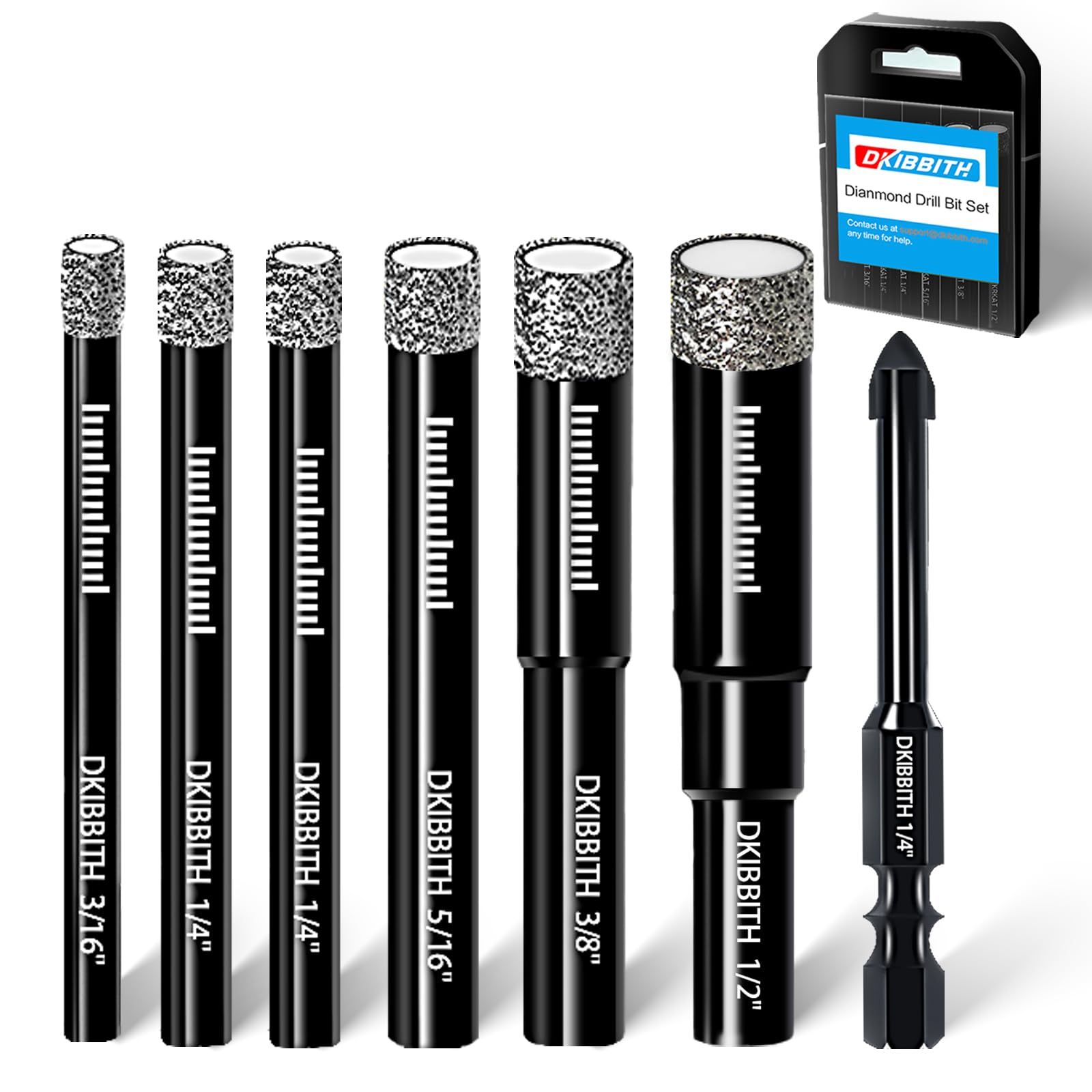 Photo 1 of ***(USED)***DKIBBITH 7 Pack Dry Diamond Drill Bits & Tile Drill Bits Set for Ceramic, Porcelain, Marble, Granite, Stone, Glass - Round Shank 3/16", 1/4"(x2), 5/16", 3/8", 1/2"+1 Pack Masonry Drill Bit 1/4"
