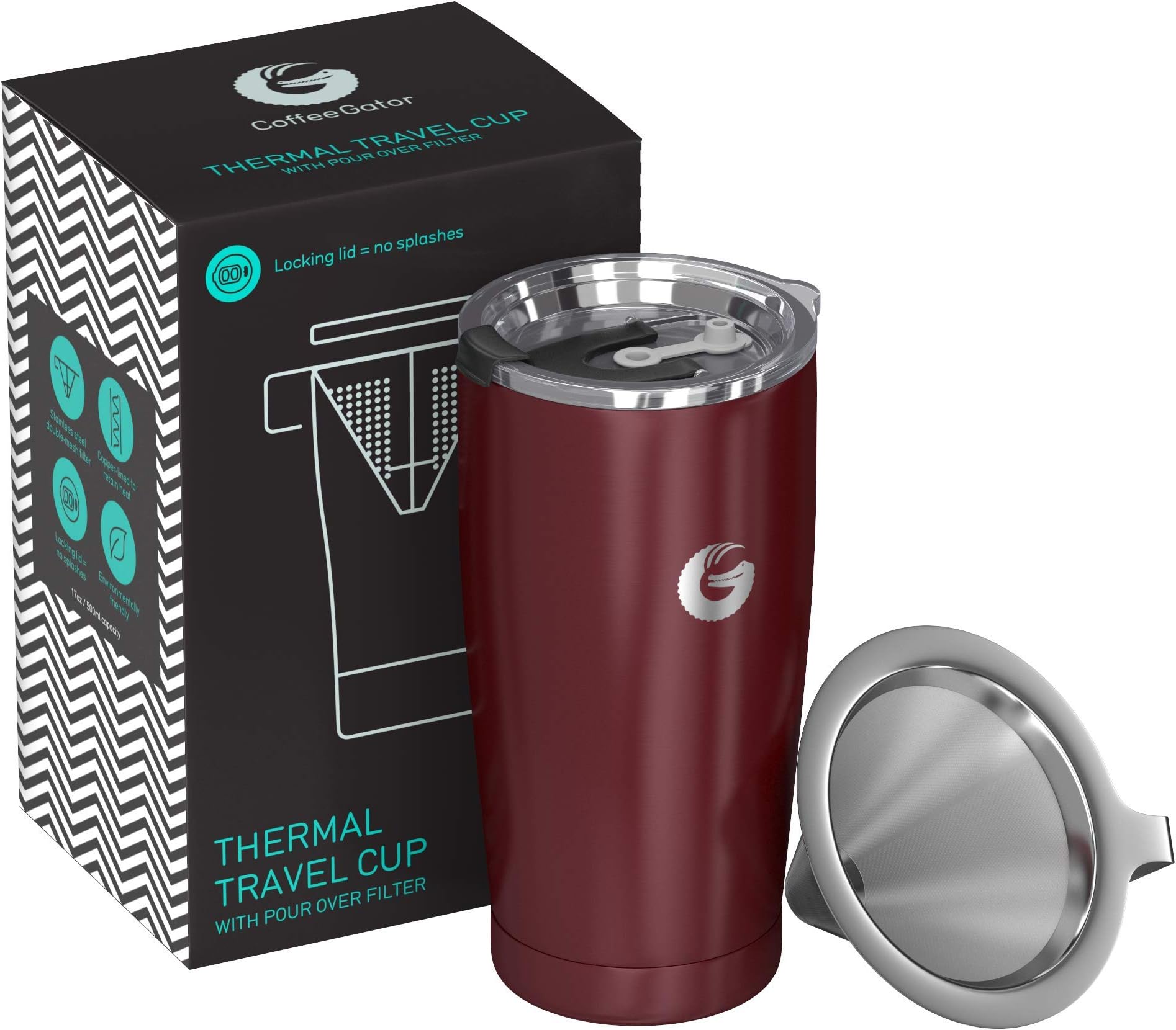 Coffee Gator Pour Over Brewer Mug - All-in-One Thermal Travel Cup and Hand Drip Coffee Maker - Vacuum Insulated Stainless Steel with Paperless Filter - 585ml - Red