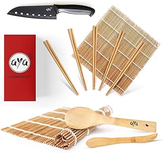 AYA Sushi Set - Original Bambus Kit mit Sushi Kochmesser - Online Video Tutorials - 2 Rollmatten - Löffel & Spatel - 5 Paar Essstäbchen - 100% natürliche Premium Bambusmatten