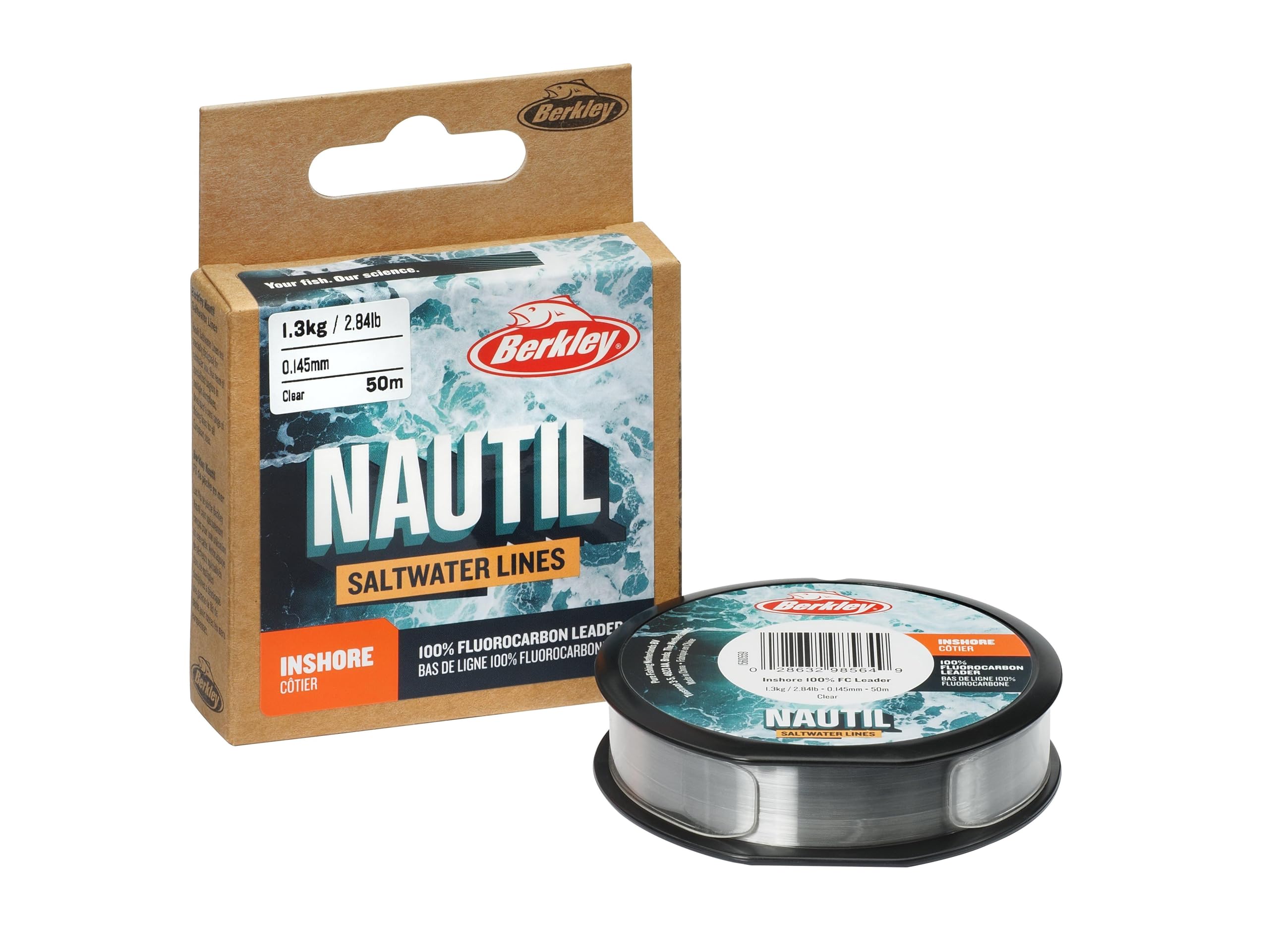 Berkley Nautil Inshore Fluorocarbon | Tough & Abrasion Resistant Fishing Leader | High Knot Strength | Saltwater & Freshwater Fluorocarbon Line with Easy Clip Spool | 0.14mm | 3lb | 50 m