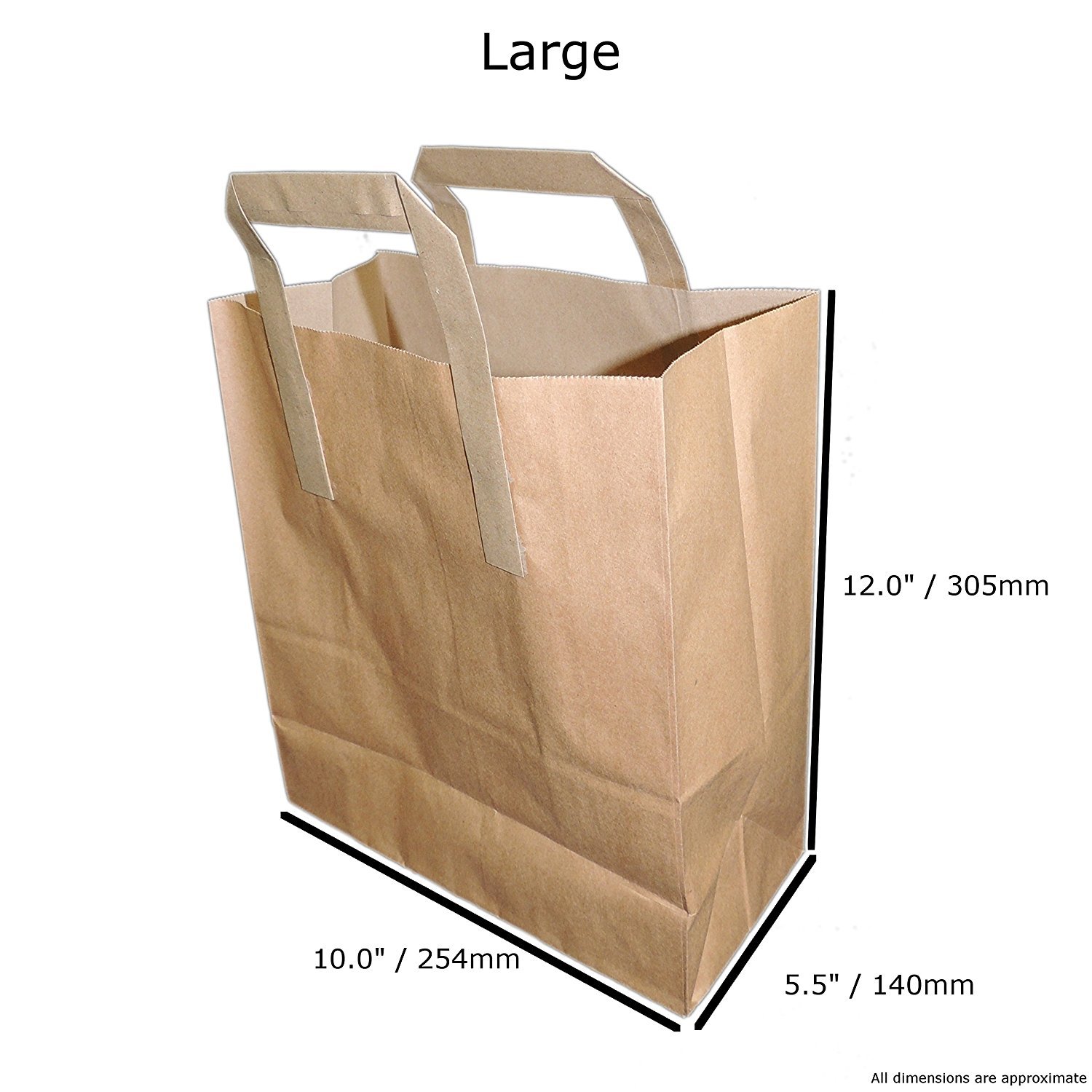 100x Brown Paper Carrier Bags with Flat Handles 25cm x 30cm x 14cm by