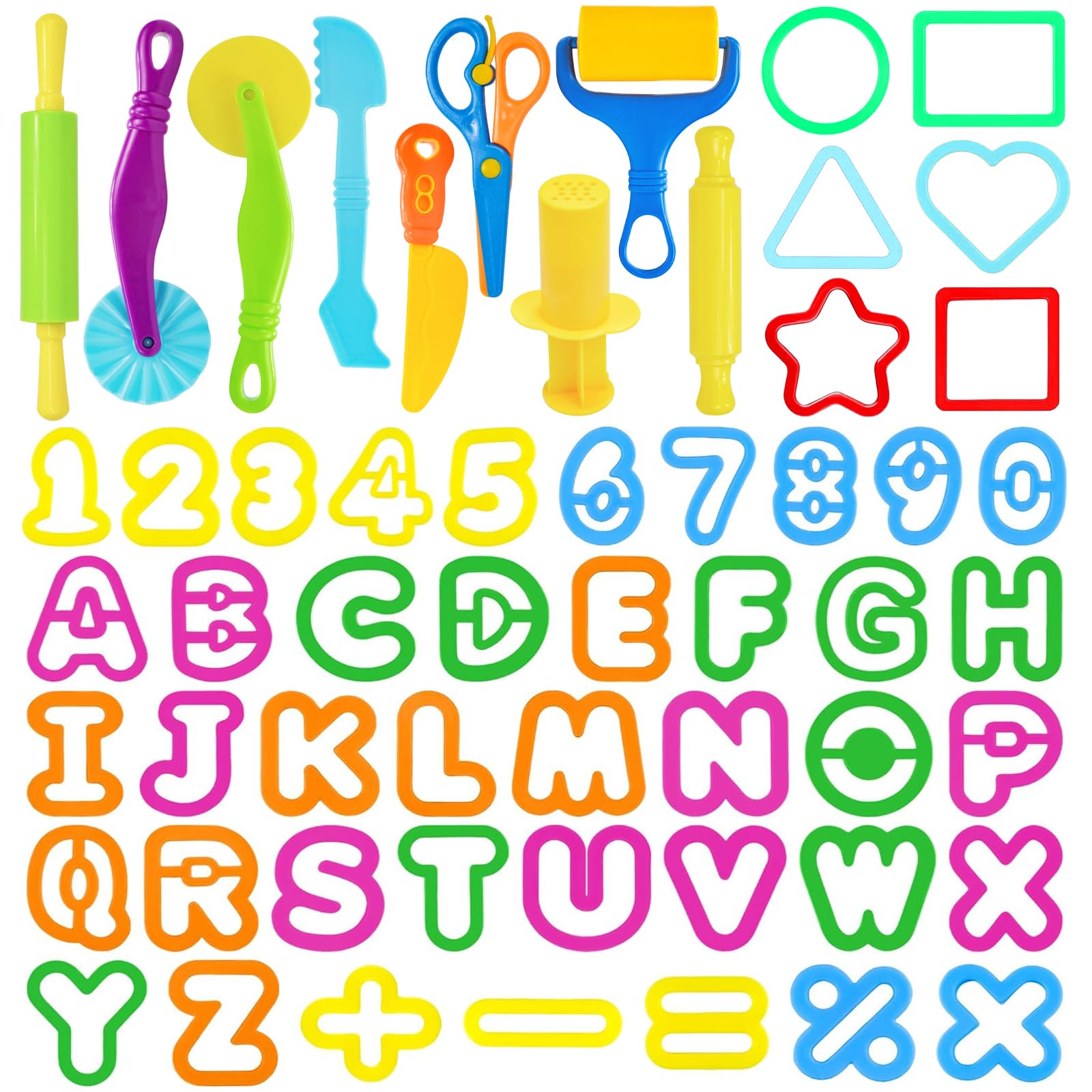 LCY WEDSHI Dough Tool Set, 56 Pcs Dough Tools Sets for Kids Ages 4-8, Dough Accessories Includes Alphabet Numbers Shapes, Cutters Roller, Rolling Pins, Safety Scissors, Plastic Knife