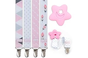Liname Neutral Pacifier Clip with Teething Toy - 4 Pack Pacifier Clips for Boys & Girls - Binky Holder Soothie Paci Clip Binkie Clip - Unisex Pacifer Clip Baby Pacifier Clip and Pacifier Holder (Pink)