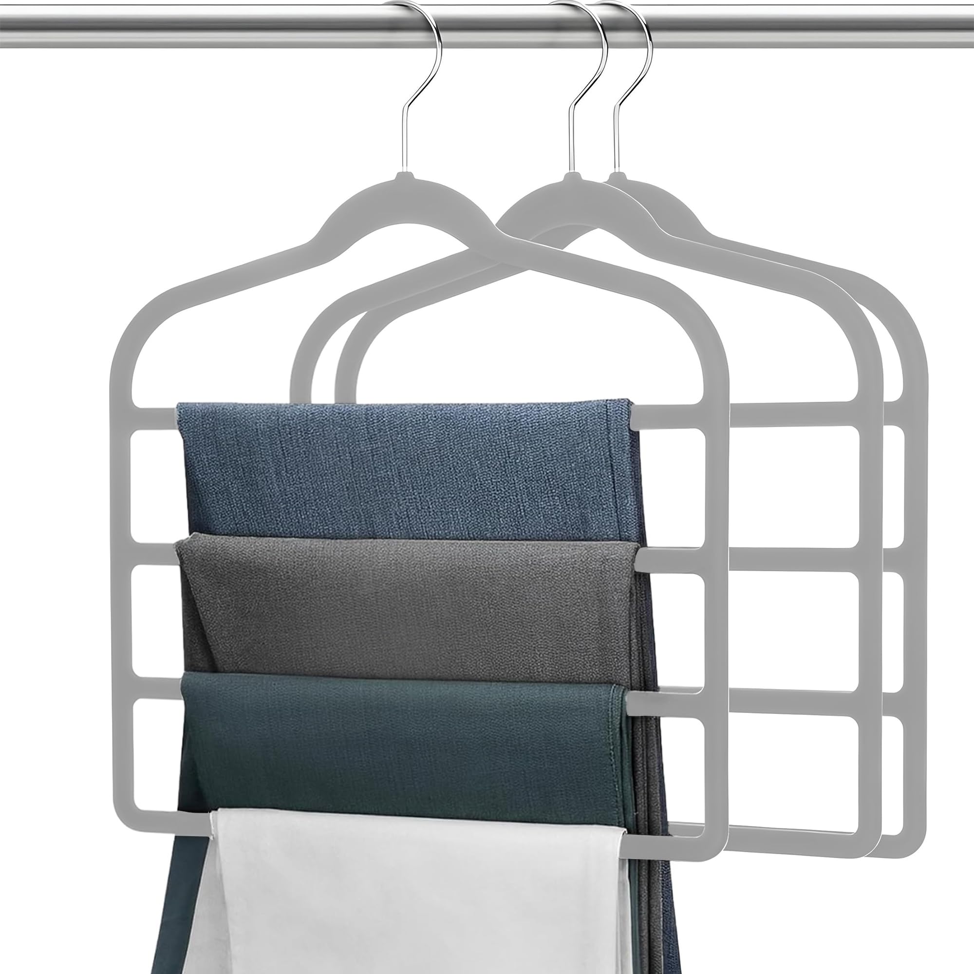 4-Layer Non-Slip Velvet Trouser Hangers - Space Saving Organisers for Pants, Jeans, Scarves & Towels with Rotating Hook (Grey)
