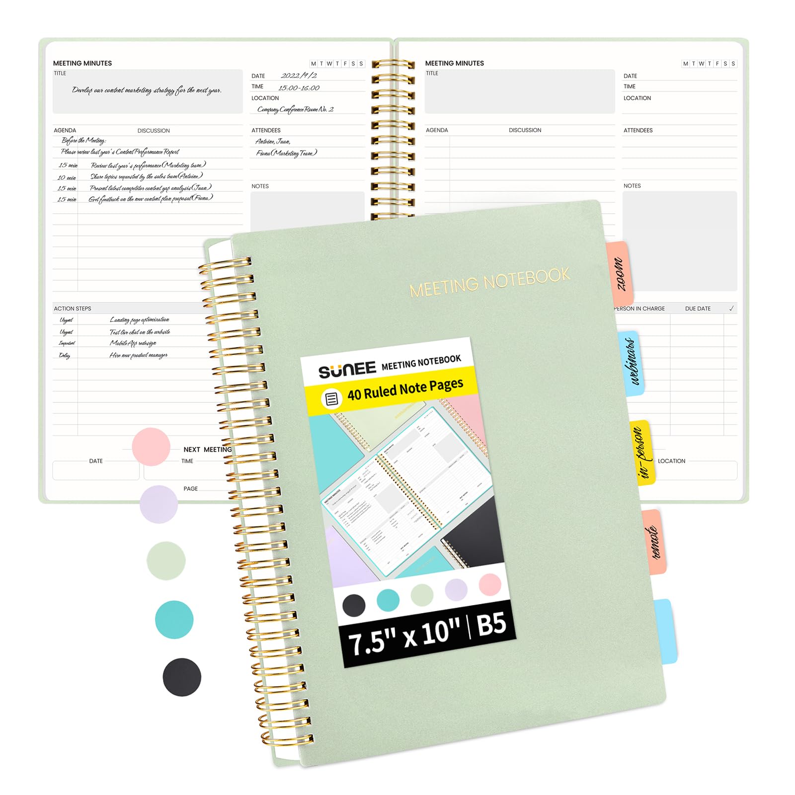 Photo 1 of SUNEE Meeting Notebook for Work with Sticky Tabs - 160 Pages, B5 Size Project Planner, Spiral Meeting Agenda/Minutes Notebook Organizer for Women Men, Note Taking, Office & Business,7"x10", Sage Green
