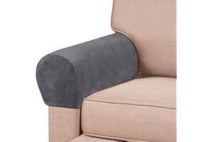 PrinceDeco 2 Pack Thick Velvet Stretch Armrest Covers for Chairs and Sofas - Non Slip, Grey