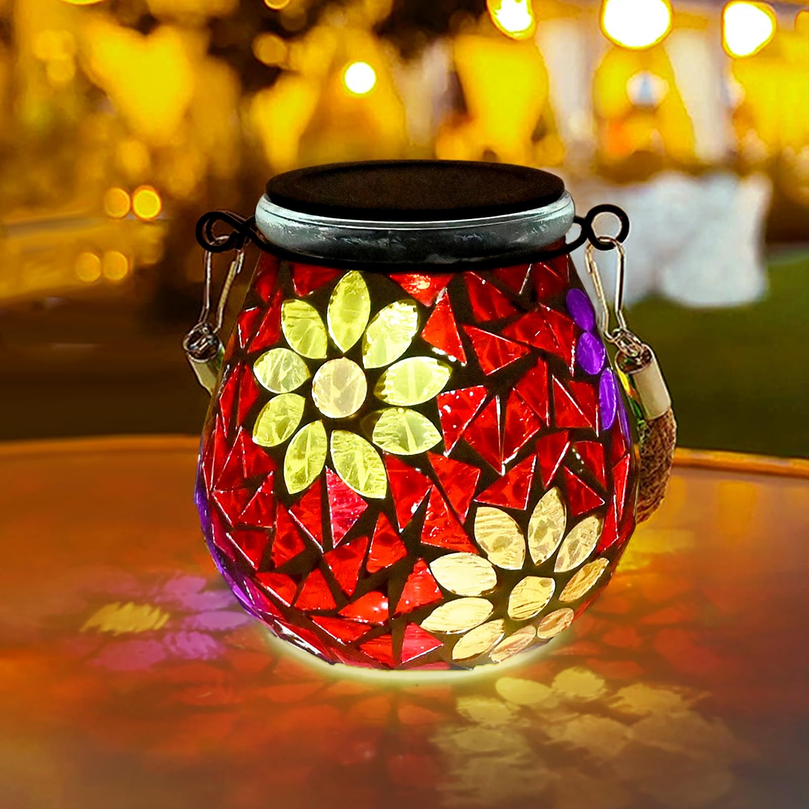 TOTHDATE 1PCS Oval Solar Mosaic Lights Outdoor, On/Off Glass Hanging Solar Mosaic Lanterns Lights IP65 Waterproof for Table Lawn Path Courtyard Deck Fence, Flowers Mosaic Light 2