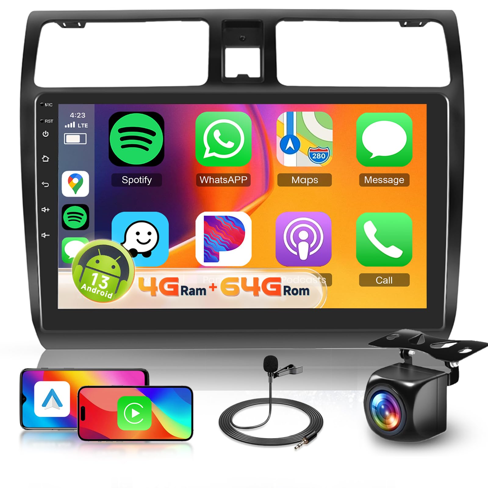 4G+64G Android Car Stereo for Suzuki Swift 2005-2010 with DSP/32EQ Bluetooth 5.0 Wireless CarPlay/Android Auto, Hodozzy 10.1" 1280P Touchscreen Radio GPS WiFi RDS/FM SWC Reverse Camera