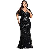 Ever-Pretty Women's Sequin Plus Size Formal Dresses for Curvy Women V Neck Mermaid Embroidery Prom Dress Evening Gown