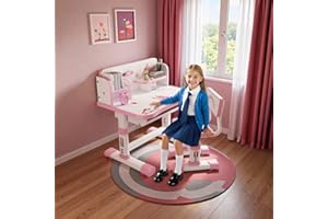 JENPECH Kids Study Table and Chair Set, Height Adjustable Kids Study Desk with Cartoon Pattern, Widened Tabletop, Back Support & Spine Protect, Prevent Myopia, for Boys & Girls