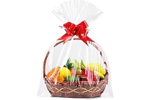 JOYIT 10 Pack Clear Cellophane Bags - Large (35 in x 55 in) - 3 Mil Thicker Grade - Gift Bags with Red Bows