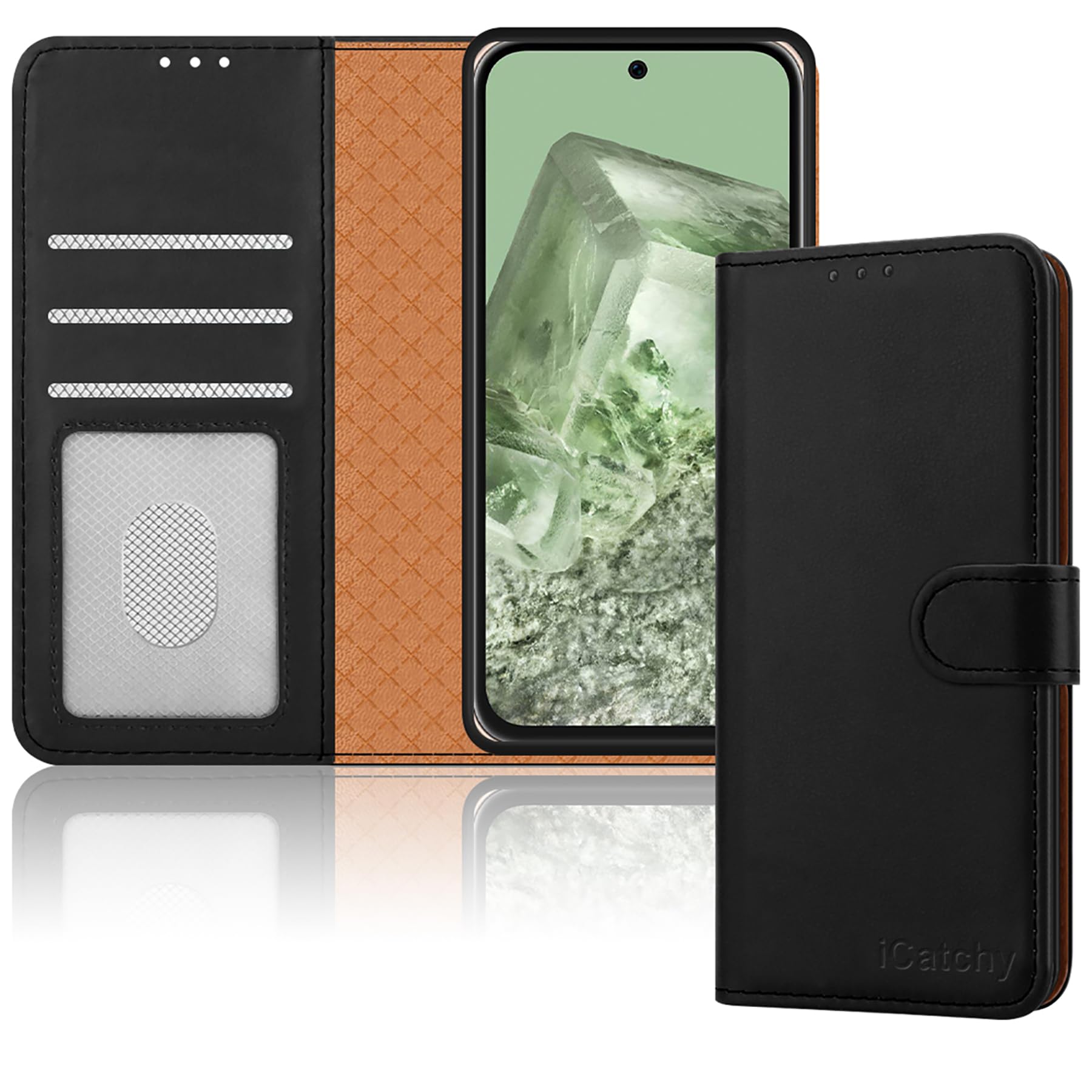 iCatchy for Google Pixel 8A Case Leather Wallet Flip Book Shockproof Cover with Kickstand Magnetic Closure [RFID Blocking] Compatible with Pixel 8a (Black)