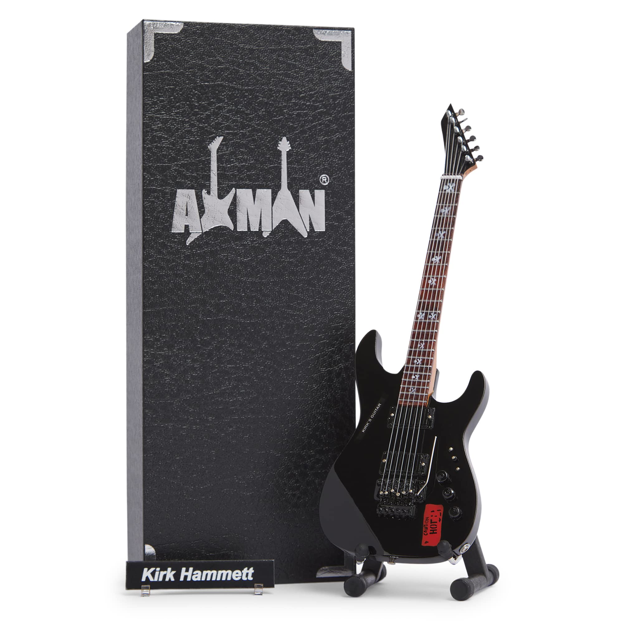 Axman Kirk Hammett (Caution Hot) Miniature Guitar Replica - Music Gifts - Handmade Ornamental 1/4 Scale - Display Box, Name Tag and Miniature Guitar Stand Included