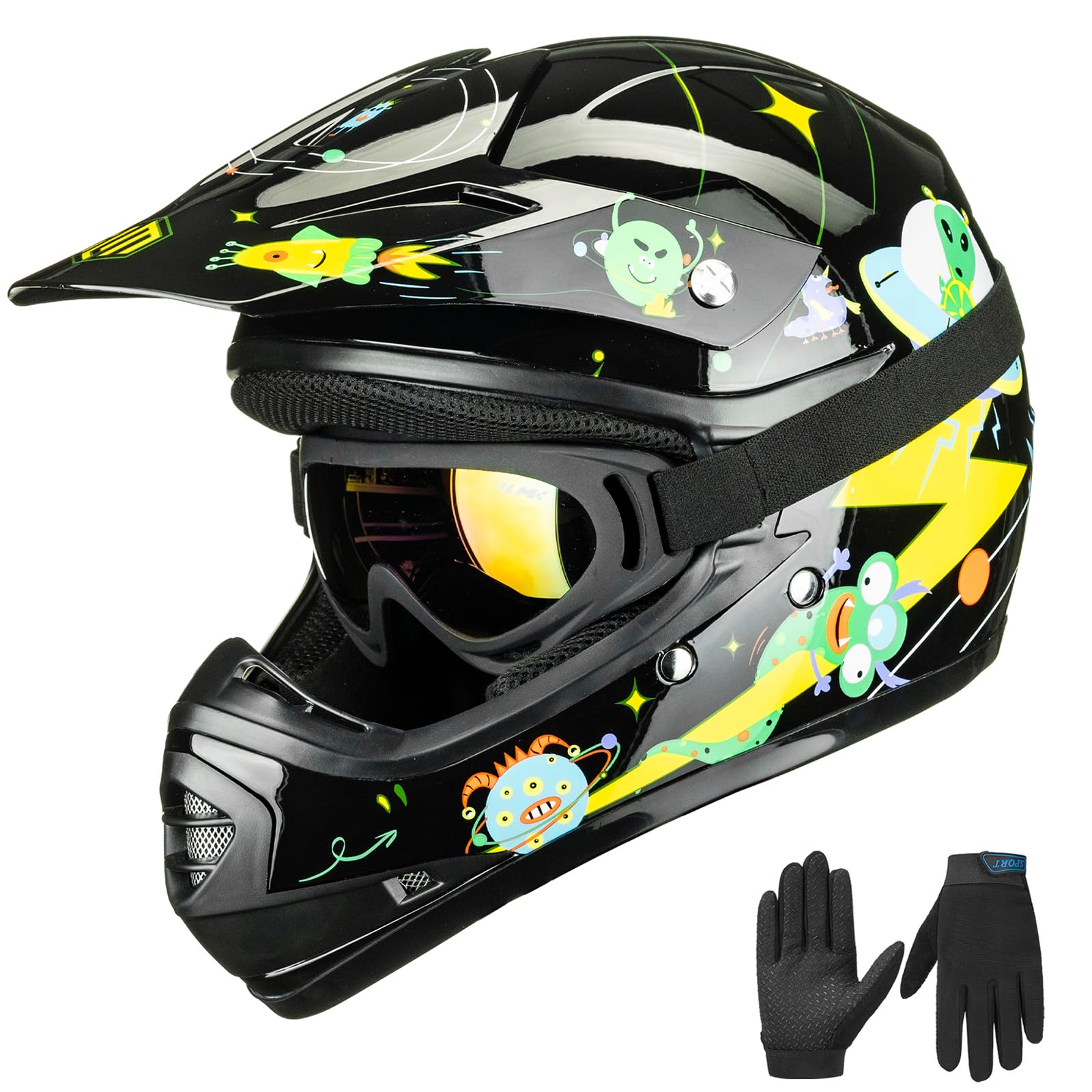 ILM Youth Kids ATV Motocross Helmet Goggles Sports Gloves Dirt Bike Motorcycle Off Road DOT Approved B07(Youth-XL, Alien Black) Image