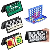 5 in 1 Mini Magnetic Board Travel Games Set with 4 Foldable Chess Boards and 5 Sets of Chess Pieces, Checkers Games with Storage Bag, Small Board Games for Road Trip, Camping, Party
