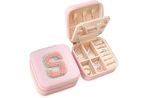 SANDJEST Personalized Jewelry Box, Pink Travel Jewelry Box with Initial S, Small Monogrammed Jewelry Case Organizer for Girls Women Teen Kids, Mini Travel Essentials Gifts for Birthday Christmas